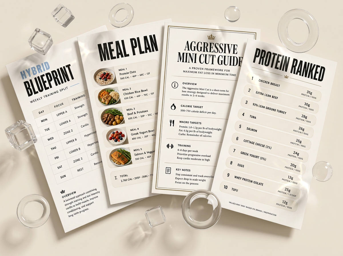 Playbook Vault guides: Hybrid Blueprint split, meal plan, mini cut guide, protein rankings