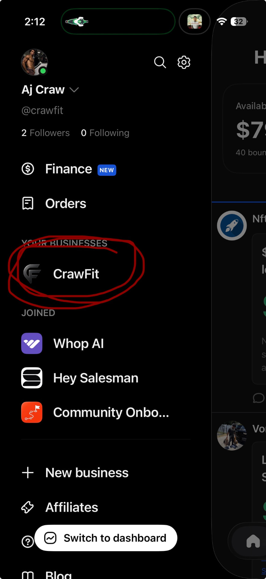 Whop side menu with CrawFit listed under Your Businesses